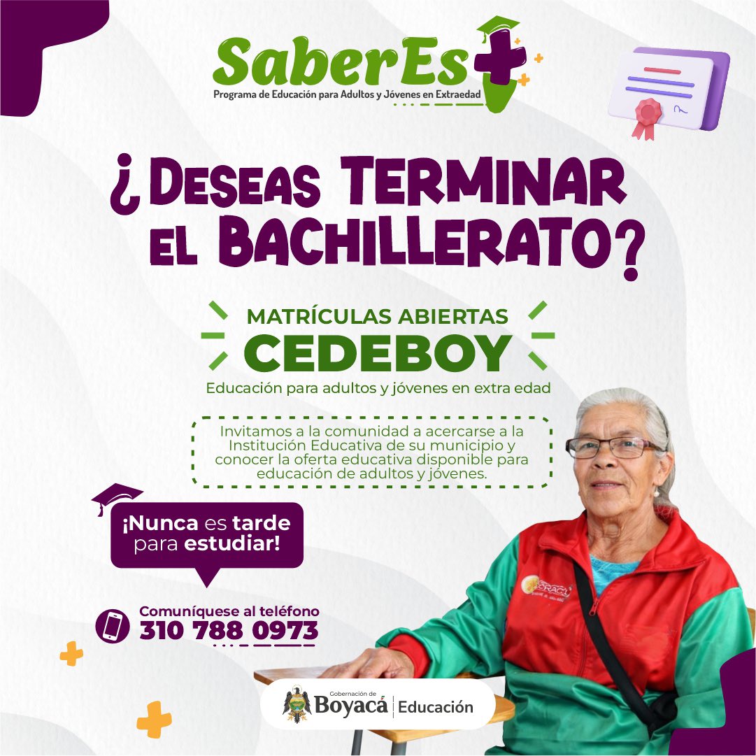 Siguen abiertas las matrículas para acceder a la Educación para adultos y jóvenes en extraedad en Boyacá.
¿Deseas terminar el bachillerato?
Requisitos:
✔ Fotocopia del documento de identidad
✔ Certificado de afiliación al sistema de salud o ADRES
✔ Certificado del último año.