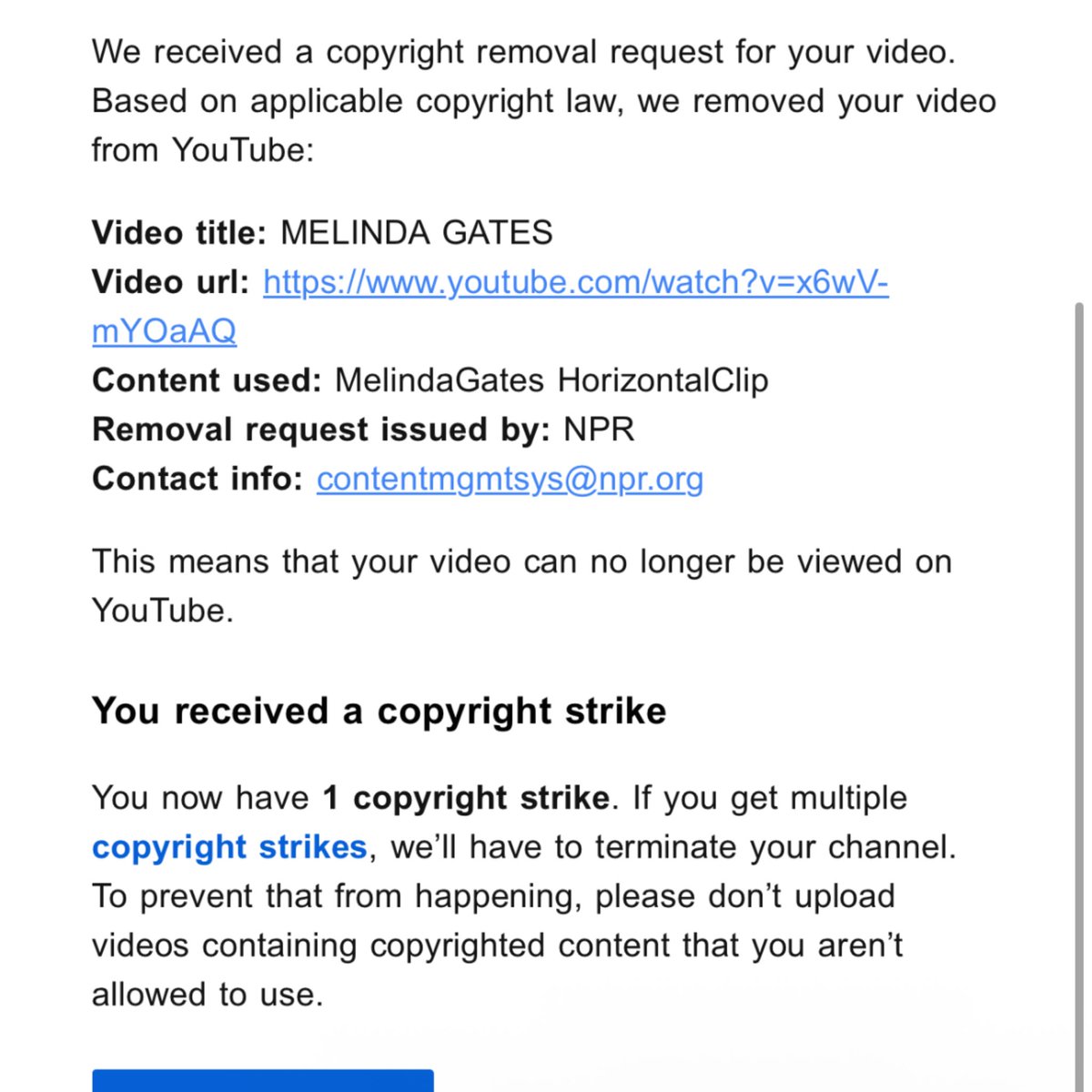 EchoesFromAbove's tweet photo. Hey any YouTube or copyright lawyers that can help me? I think @NPR @nprpolitics @rachelnpr are trying to bully me. I made a reaction video to NPR’s Melinda Gates interview and they sent me a copyright strike. Yet plenty of other YouTubers have made reaction videos to this. https://t.co/du7Zk43wx3