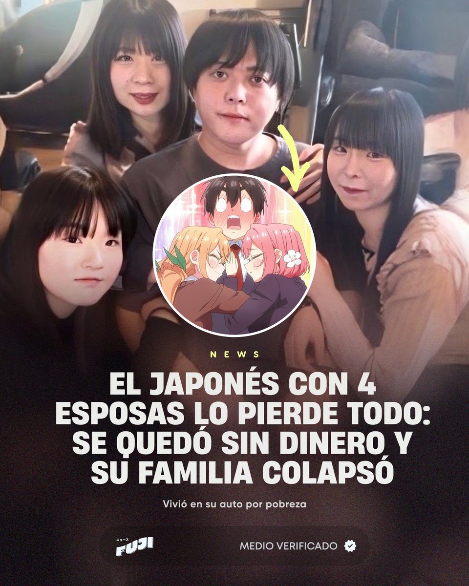 💔EL FIN DEL HAREM: Ryuta Watanabe, el "Rentarou de la vida real" que se hizo viral por tener 4 esposas, lo ha perdido todo.

Dos de sus esposas lo abandonaron tras quedarse en la ruina y ahora vive en su auto con solo 110,000 yenes ($730 USD).

¿Se rinde? NO. Ya anunció