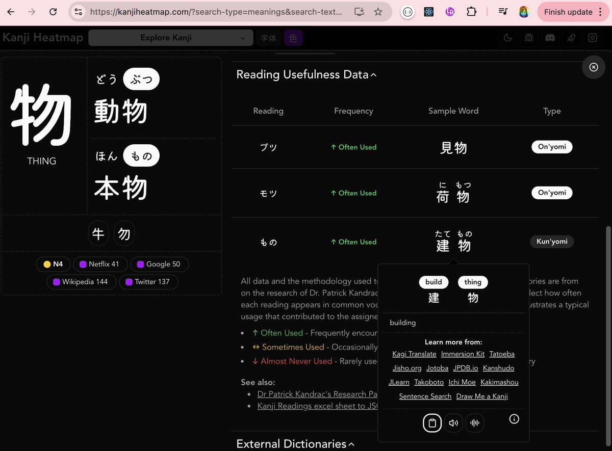 PikaPikaGemsJP's tweet photo. Big thanks to @piyushpraj6818 for contributing a new feature to Kanji Heatmap  (dot com)🔥

✨ Reading Usefulness Data Section
Now you can see which readings appear most often — and which don’t — making it easier to prioritize what to learn.

Special thanks to Dr. Patrick Kandrac for suggesting the feature and providing the dataset 🙏

Open source wins 💙

#buildInPublic #learnJapanese #opensource #kanji