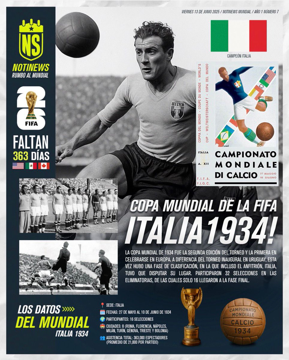 #MovimientoMundialista | ⚽️¿Sabías que…?

🇮🇹El Mundial de Futbol de 1934, organizado por la Italia del dictador Benito Mussolini, fue uno de los primeros ejemplos de cómo un régimen autoritario utilizó el deporte como herramienta de propaganda política. El torneo fue