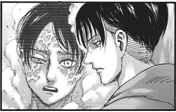 This panel kills me because by this point Levi, ever so intuitive, has seen the evidence of what Eren has become, even calling him out on the dead look in his eyes, but when the suggestion to kill him get brought up to him, the image in his head is only that of the kid he saved