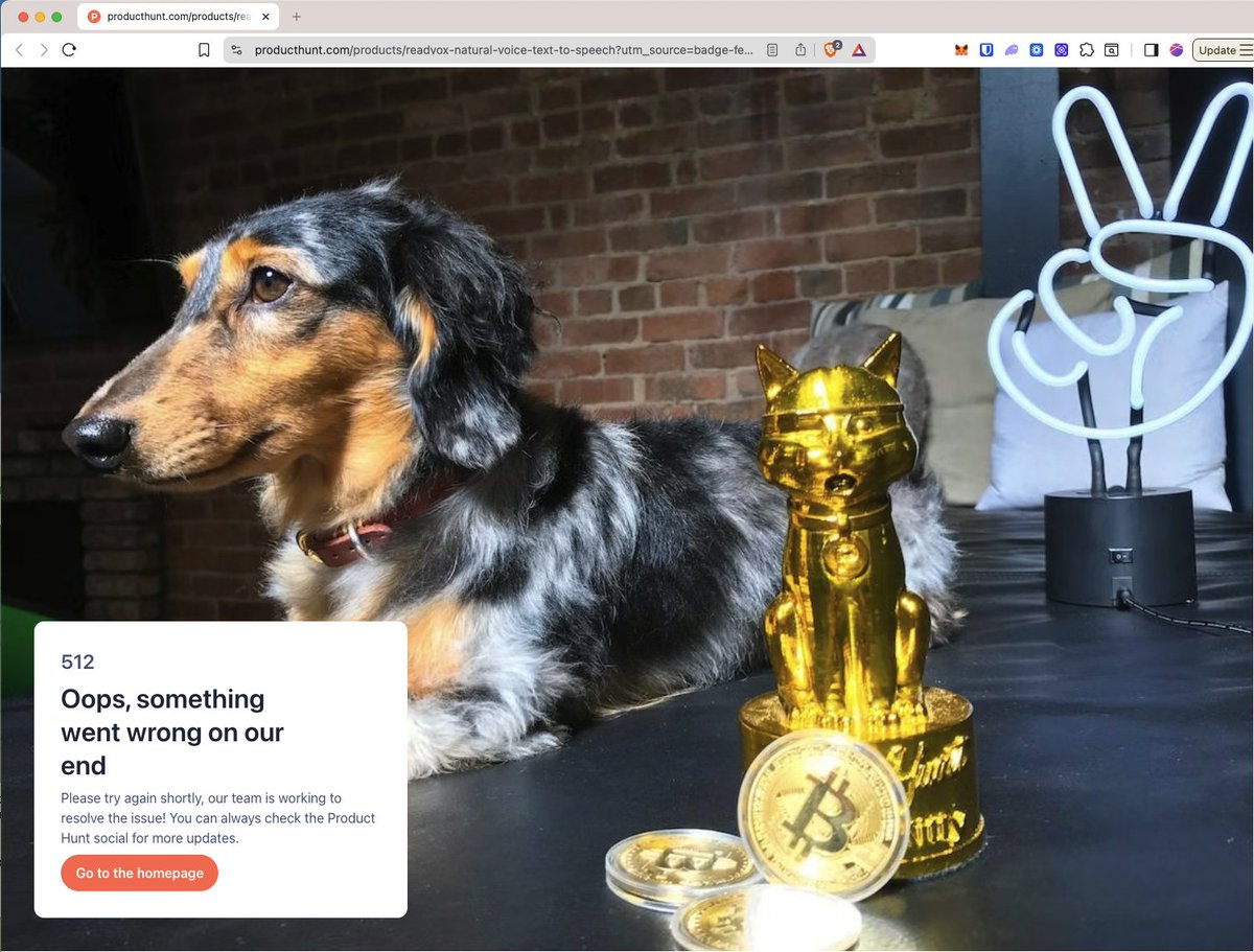 FYI this is Product Hunt's 512 page 😂

I have questions <a href="/ProductHunt/">Product Hunt 😸</a> 

1. Who is this beautiful dog
2. PH open supporters for btc? 
3. is that a crypto dog figurine?