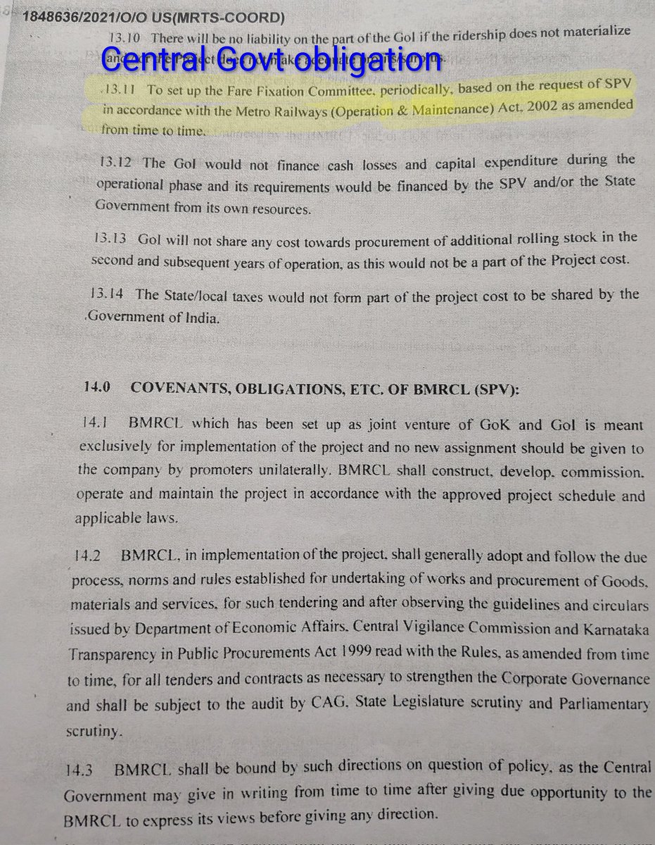 solidview's tweet photo. Bengaluru: Metro fare fixation process as per the MoU.

-GoK to make institutional arrangement (BMLTA) for fare revision for all modes except suburban rail

-BMRCL makes statutory arrangements

-GoI constitutes FFC if BMRCL requests

So, GoK &amp; BMRCL MD call the shots on fares. https://t.co/LyTGvJDvLr