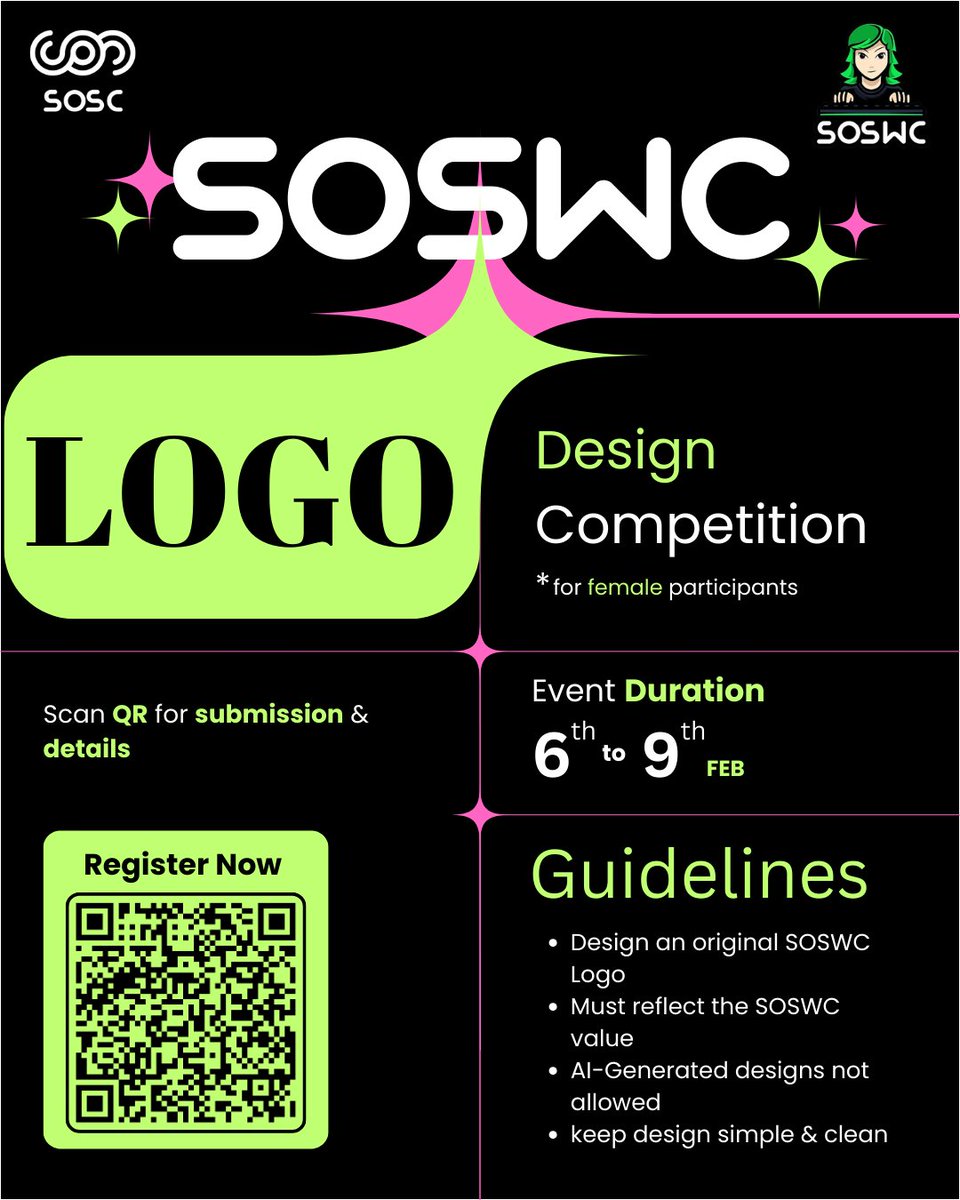 sosc_sahyadri's tweet photo. We are looking for a design that tells our story and it starts with you✨
Inviting female participation to design the #SOSWC logo.
📲 Scan the QR code to register and submit.
#WomenCreatives #LogoDesign #StudentCommunity https://t.co/Qqf91c0URw