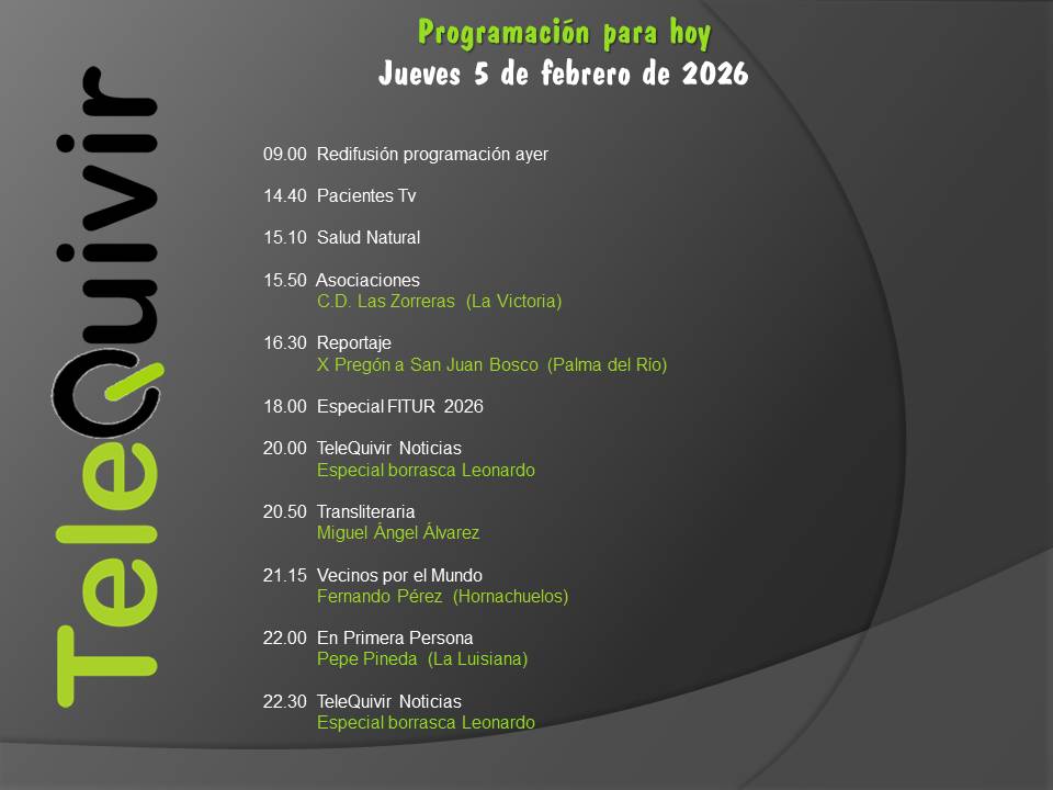 Programación para hoy 2 de febrero en TeleQuivir.
Recuerda que puedes ver la televisión de la comarca en abierto en la TDT HD, y si vives fuera de ella, online en nuestros canales de Youtube y Twitch. ¡Suscríbite!
youtube.com/@telequivir/li…
twitch.tv/telequivir