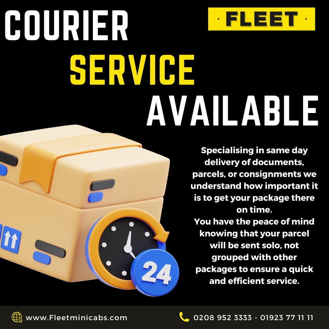 FLEETMINICABS's tweet image. Fast. Secure. Same-day. 🚖⚡
When timing matters, our courier service delivers documents and parcels solo — no bundling, no delays, just peace of mind from pickup to drop-off. ⏱️📦

☎️0208 952 3333 - 01923 77 11 11 
🌐fleetminicabs.com

#SameDayDelivery #FleetMinicabs