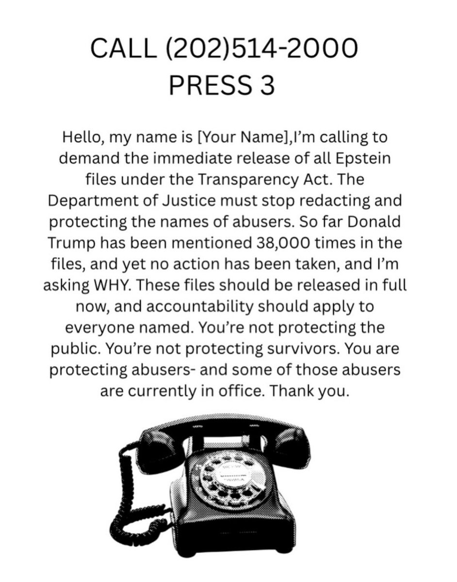 taradublinrocks's tweet photo. Flood the phone lines at the DOJ 

(And then call Congressional Republicans using the same script 202-224-3121)

#TrumpEpsteinPedoCoverUp https://t.co/5rcAuZ86TY