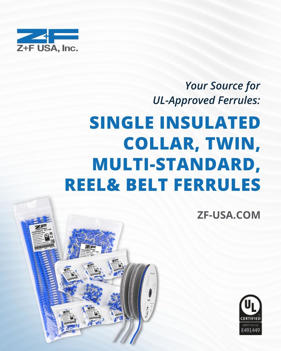 ZF_USA's tweet image. Z+F insulated ferrules create solid, uniform connections, protect conductors, and reduce loose strands + short circuits. Available in multiple sizes &amp;amp; styles. UL-listed + CSA-certified. zf-usa.com/contact/

#WireProcessing #Ferrules #WireAutomation #ULListed #CSACertified