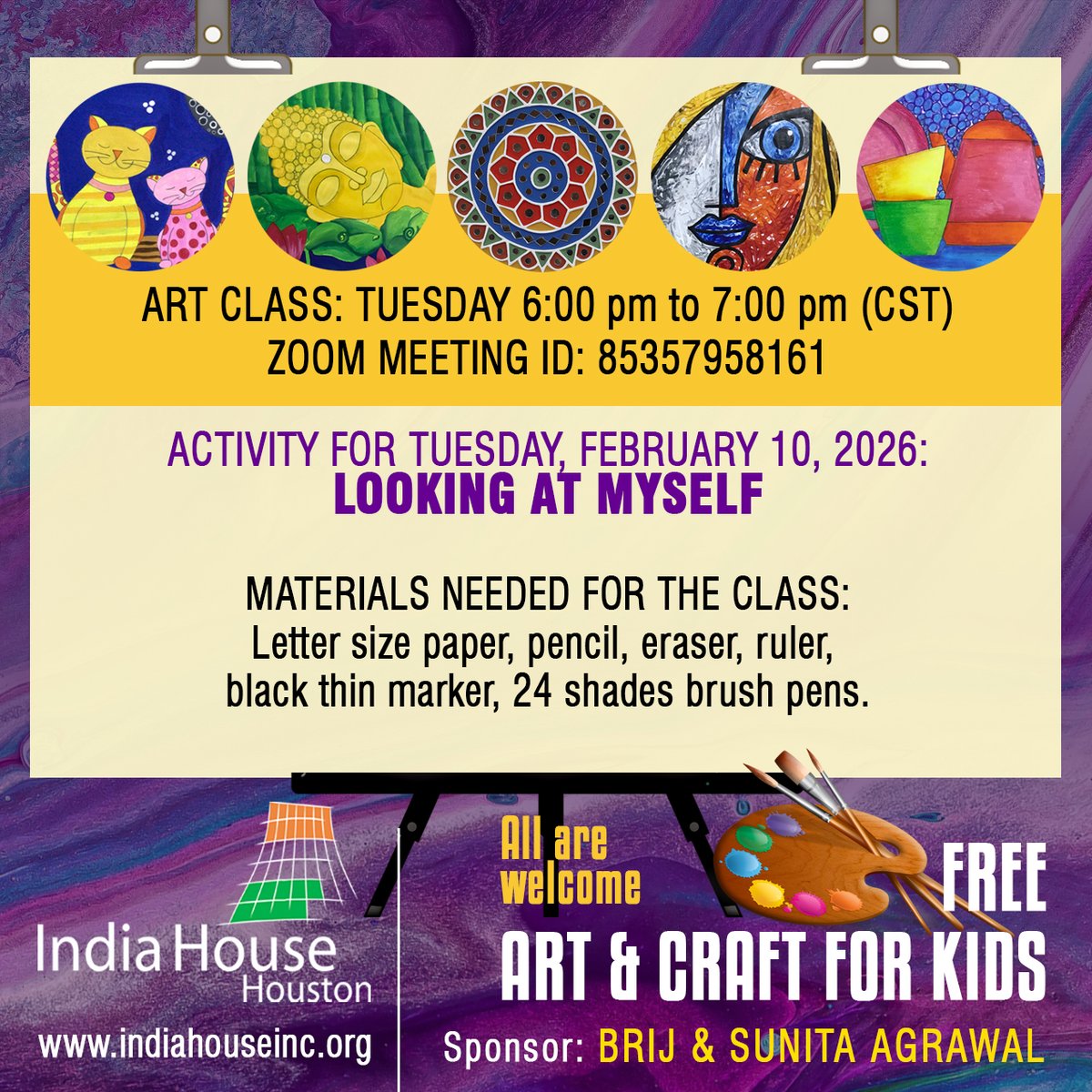 indiahouse's tweet image. Art helps kids discover, express, and celebrate who they are! 🎨✨
Join India House’s free online Art &amp;amp; Craft class every Tuesday, 6:00–7:00 pm (CST) on Zoom, for kids ages 8–14.
Activity for Feb 10: Looking At Myself!
Know more: indiahouseinc.org/art-classes-20…

#kids #OnlineClasses