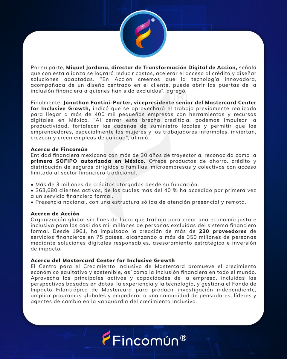 FincomunMX's tweet photo. En Fincomún, en conjunto con Accion y el Mastercard Center for Inclusive Growth, impulsamos un nuevo modelo de financiamiento para las MIPYMES en México. 

#Fincomun #Mipymes https://t.co/tXoV5eCnRH