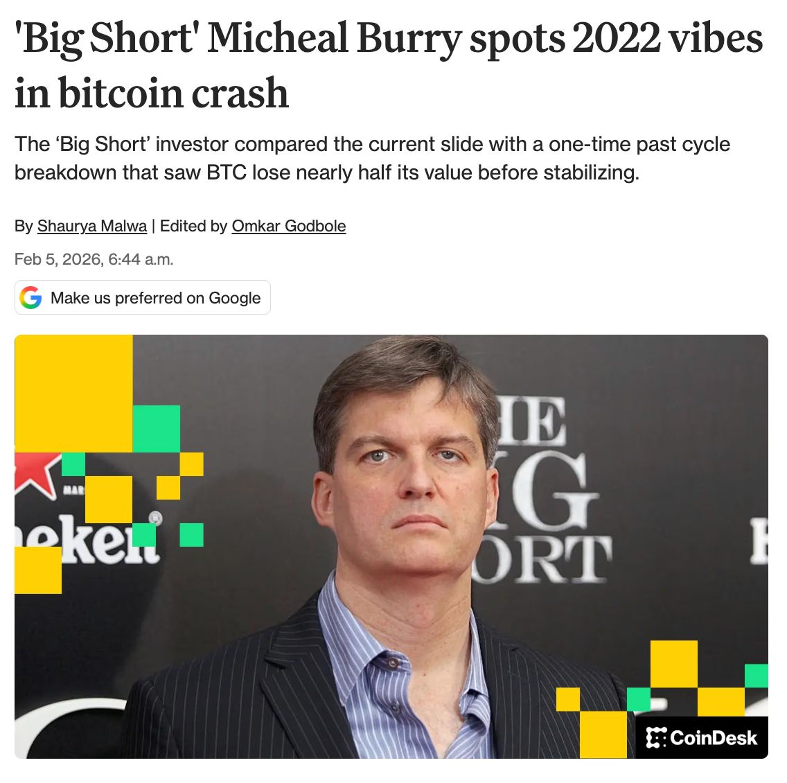 Michael Burry, famed for "The Big Short," shared a #bitcoin chart comparing the current pullback to the 21–22' slump - possibility of a deeper reset before a durable bottom. 

Read Coindesk article here: coindesk.com/markets/2026/0… 

Buy the dip here: MyBTC.ca/fund
