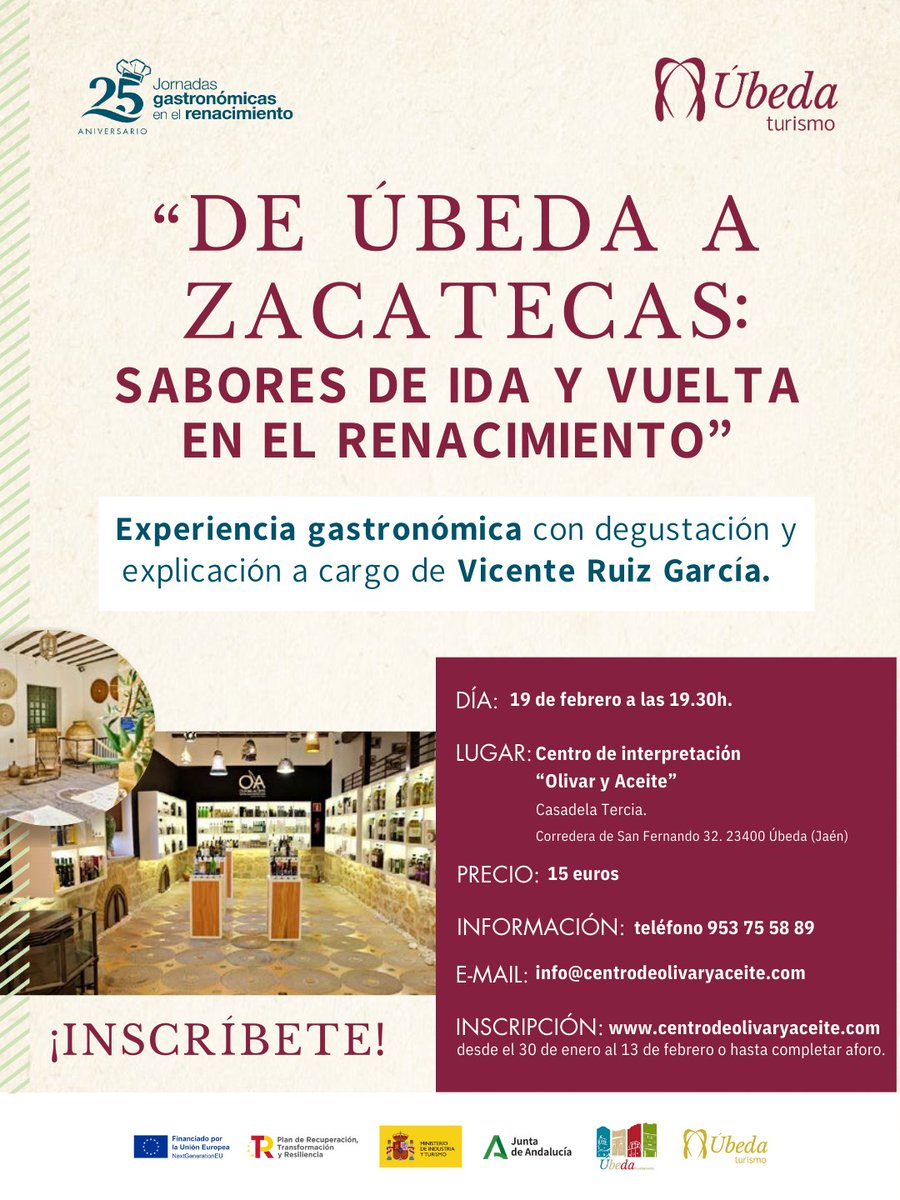 🌎 #𝗝𝗢𝗥𝗡𝗔𝗗𝗔𝗦 | La actividad '𝑫𝒆 𝑼́𝒃𝒆𝒅𝒂 𝒂 𝒁𝒂𝒄𝒂𝒕𝒆𝒄𝒂𝒔: 𝒔𝒂𝒃𝒐𝒓𝒆𝒔 𝒅𝒆 𝒊𝒅𝒂 𝒚 𝒗𝒖𝒆𝒍𝒕𝒂 𝒆𝒏 𝒆𝒍 𝑹𝒆𝒏𝒂𝒄𝒊𝒎𝒊𝒆𝒏𝒕𝒐' se celebrará el 19 de febrero.

ℹ️ Toda la información, aquí: gastronomiarenacimiento.wordpress.com/2026/02/05/de-…