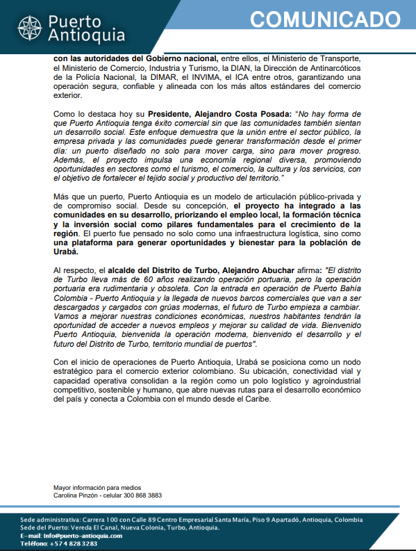 #Urabá Puerto Antioquia informó hace pocos minutos que inició operaciones oficialmente en el terminal marítimo ubicado en el municipio de Turbo.

"La entrada en funcionamiento representa la materialización de una visión de largo plazo que conecta al país con los mercados