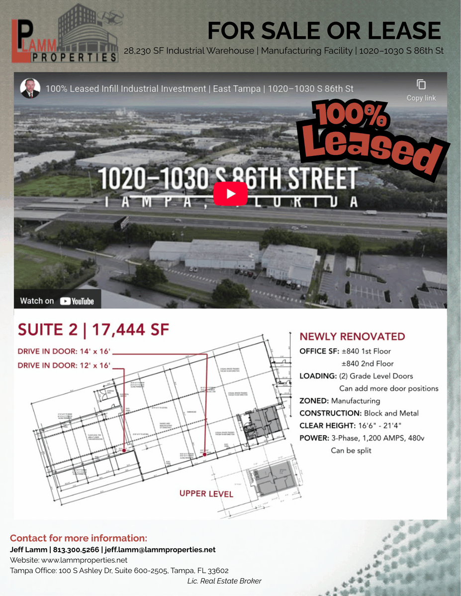 IncLamm's tweet photo. Just Leased | 1020 S 86th Street | East Tampa

Big milestone to share.

We successfully leased the 17,444 SF industrial vacancy at 1020–1030 S 86th Street in East Tampa in under 45 days. https://t.co/q2jsJZRGTq