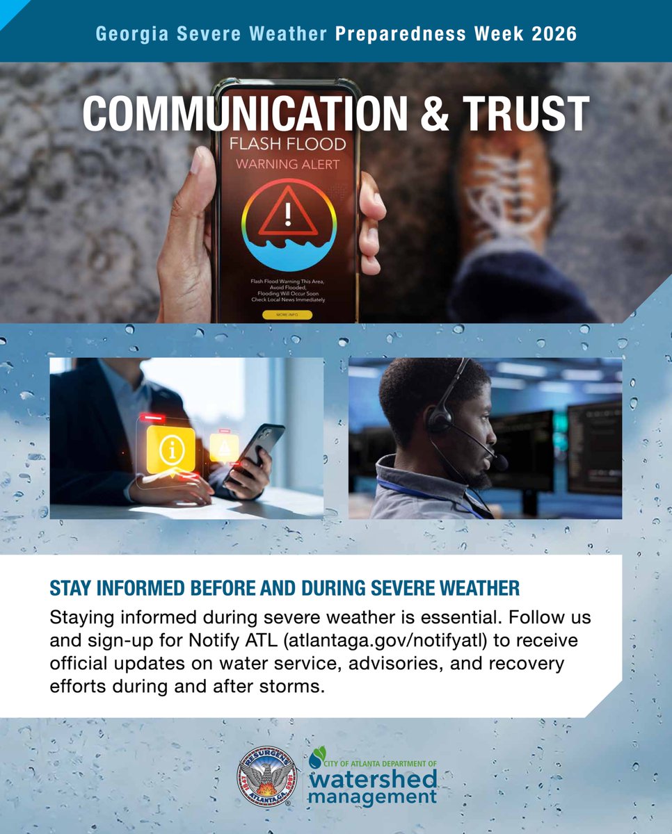 ATLWatershed's tweet photo. Staying informed during severe weather is essential. Follow us for updates &amp; sign up for #NotifyATL to receive official alerts about water service, advisories, &amp; recovery efforts before, during, &amp; after storms. Reliable info helps you stay safe. 

#MovingAtlantaForward #GSWPW https://t.co/GPbmF1Aql4