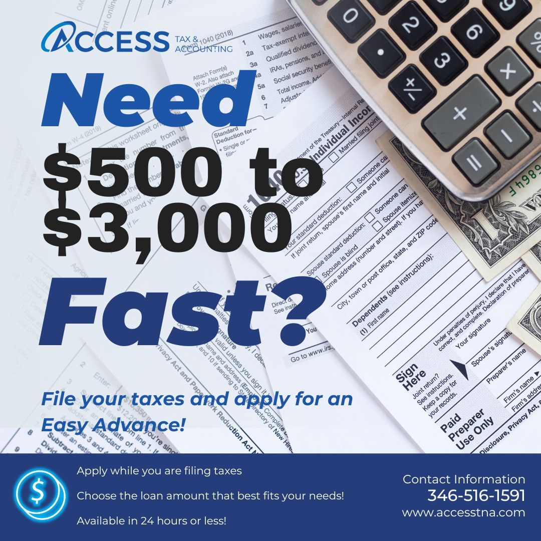 access_tna's tweet photo. File with Access Tax &amp; Accounting and receive up to $3,000 advance on your expected tax refund. Get funded in 24 hours or less—available with preparation on 2025 federal tax returns filed through February 28, 2026.

#AccessTNA
#HoustonAccountant
#DallasFortWorthAccountant https://t.co/wpbcJVJPzc