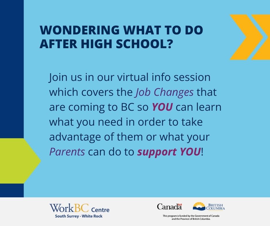 WorkBCSSWR's tweet image. Graduating soon? Uncertain of the future? Let us help you prepare! Join us on Feb 18 at 6pm as we talk about the 1 million jobs coming to BC &amp;amp; how youths are primed to take advantage of the future job market!

Don't miss out and be sure to register here ➡️ lockintoyourfuture.eventbrite.ca