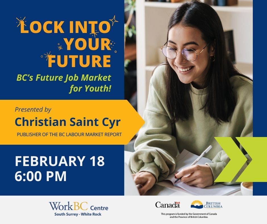 WorkBCSSWR's tweet image. Graduating soon? Uncertain of the future? Let us help you prepare! Join us on Feb 18 at 6pm as we talk about the 1 million jobs coming to BC &amp;amp; how youths are primed to take advantage of the future job market!

Don't miss out and be sure to register here ➡️ lockintoyourfuture.eventbrite.ca