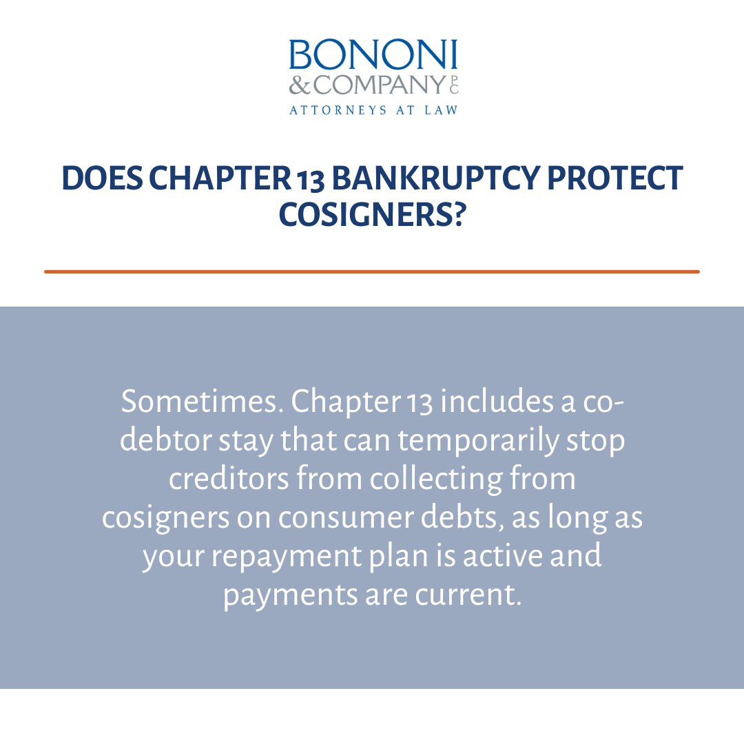 BononiCompanyPC's tweet image. Chapter 13 offers added protections for cosigners—but they aren’t permanent. Knowing how the co-debtor stay works is key.
#BankruptcyLaw #DebtRelief #FinancialFreshStart #BankruptcyQuestions