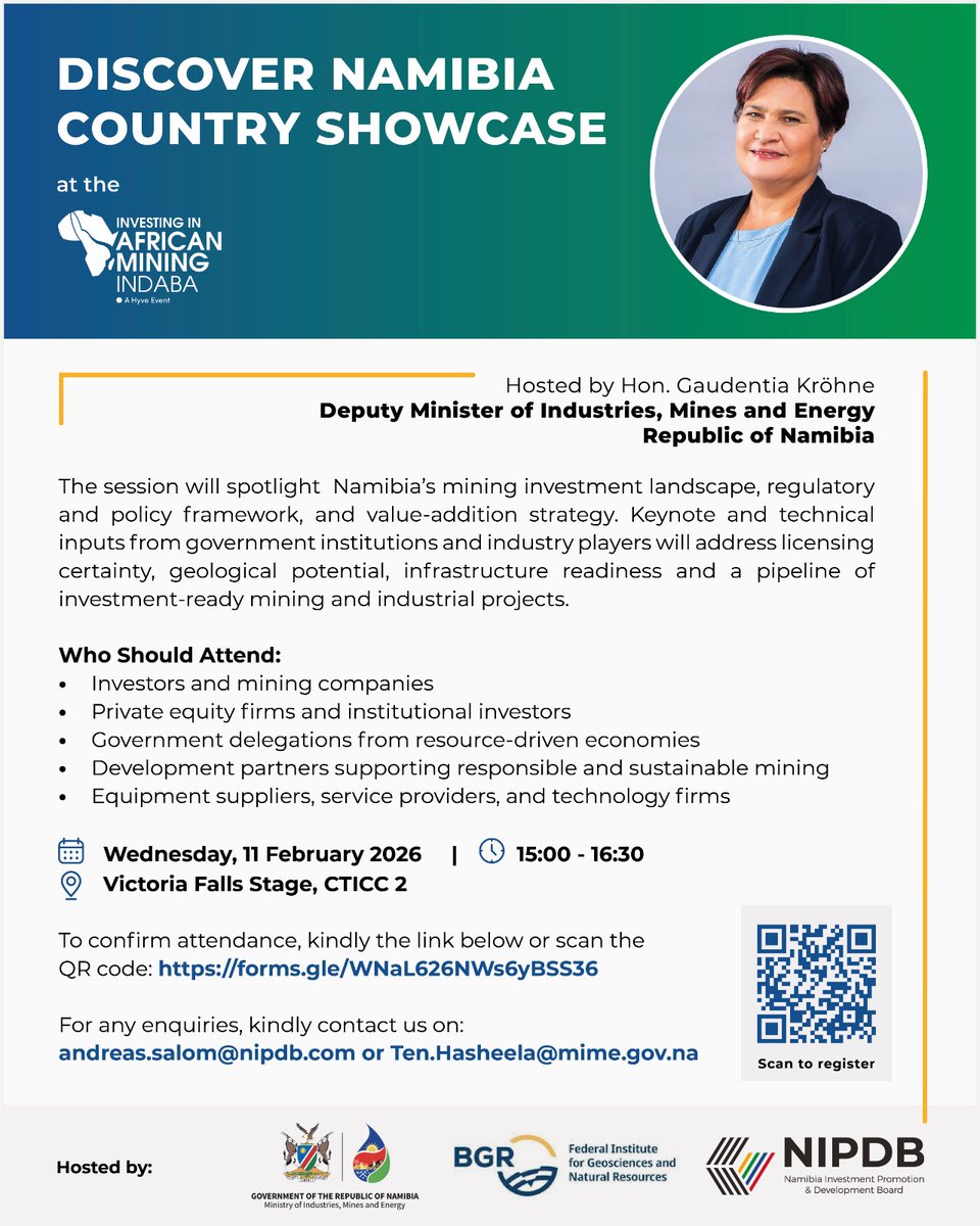 NIPDB's tweet image. Led by Deputy Minister of MIME, Gaudentia Kröhne, the Namibia Country Showcase features technical insights from MIME, NIPDB and BGR.
Details: nipdb.com/metalsandmining
#InvestorReady #NamibiaMining