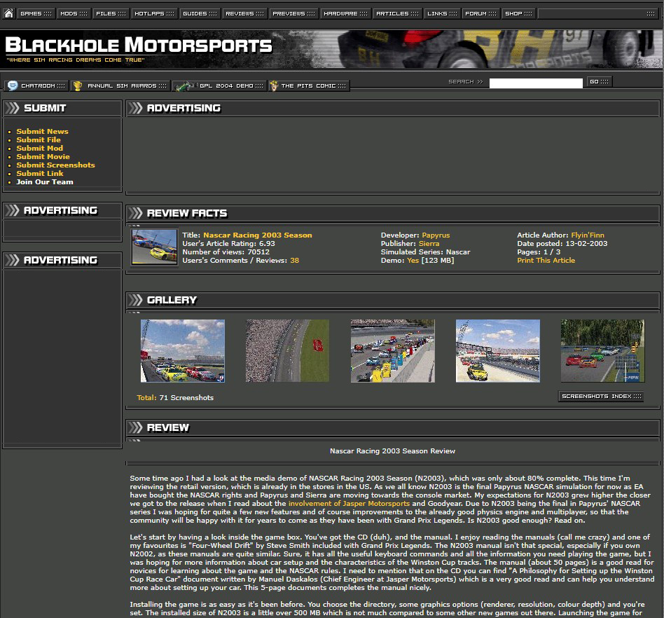 Blackhole Motorsports archive is now as complete as I can get it and running off plain html files (some php forwarding in areas like the forum). Unlike Internet Archive, no date guessing required. bhms.racesimcentral.net