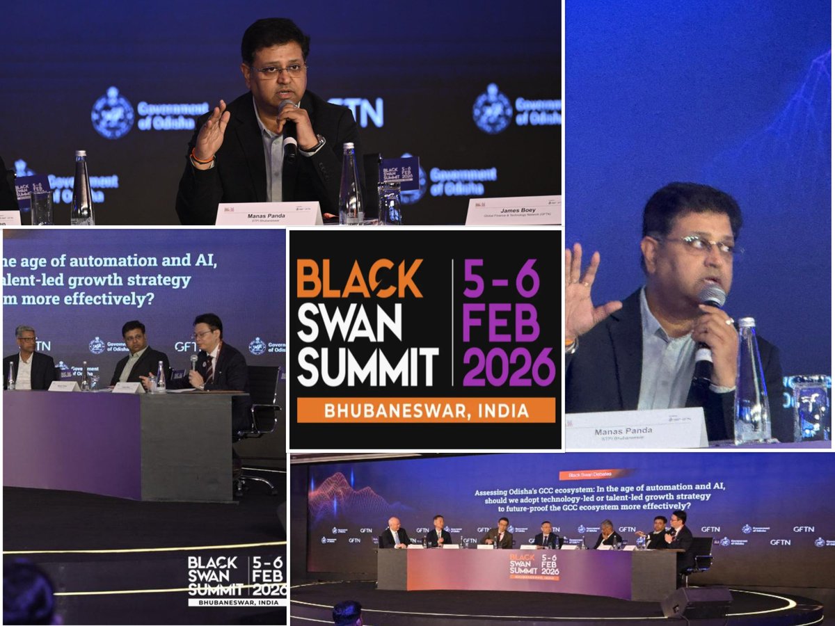 stpibbsr's tweet photo. Shri Manas Panda, Director, STPI–Bhubaneswar, participated as a Panellist at the Black Swan Summit India, co-hosted by the Government of Odisha and the Global Finance & Technology Network (GFTN).

 Moderated by Mr. James Boey, CEO (China, India, ASEAN, Europe & Central Asia) & Co-CEO, GFTN, and featured an eminent panel of global leaders including Mr. Makoto Shibata, Head of FINOLAB & CCO, FINOLAB Inc.; Mr. Kimihiro Sakaguchi, Co-CEO, SMBC Global Services; Mr. Jinya Suzuki, CEO, MUFG Global Service; Mr. Yanan Wu, Chairman & CEO, Surfin Meta Digital Technology Pte. Ltd.; and Mr. Karthikeyan, Vice President – States Facilitation & Special Projects, Invest India.

The discussion highlighted India’s evolving FinTech landscape, cross-border collaboration, and Odisha’s growing role as an emerging hub for technology-led innovation and global capability centres.

A powerful exchange of ideas reinforcing India’s position in the global digital finance ecosystem and Odisha’s readiness to partner with the world. 

#BlackSwanSummit #FinTech #DigitalInnovation #STPI #Odisha #GlobalCollaboration #GFTN #InvestIndia

 @Arvindtw @StpiIndia @GoI_MeitY