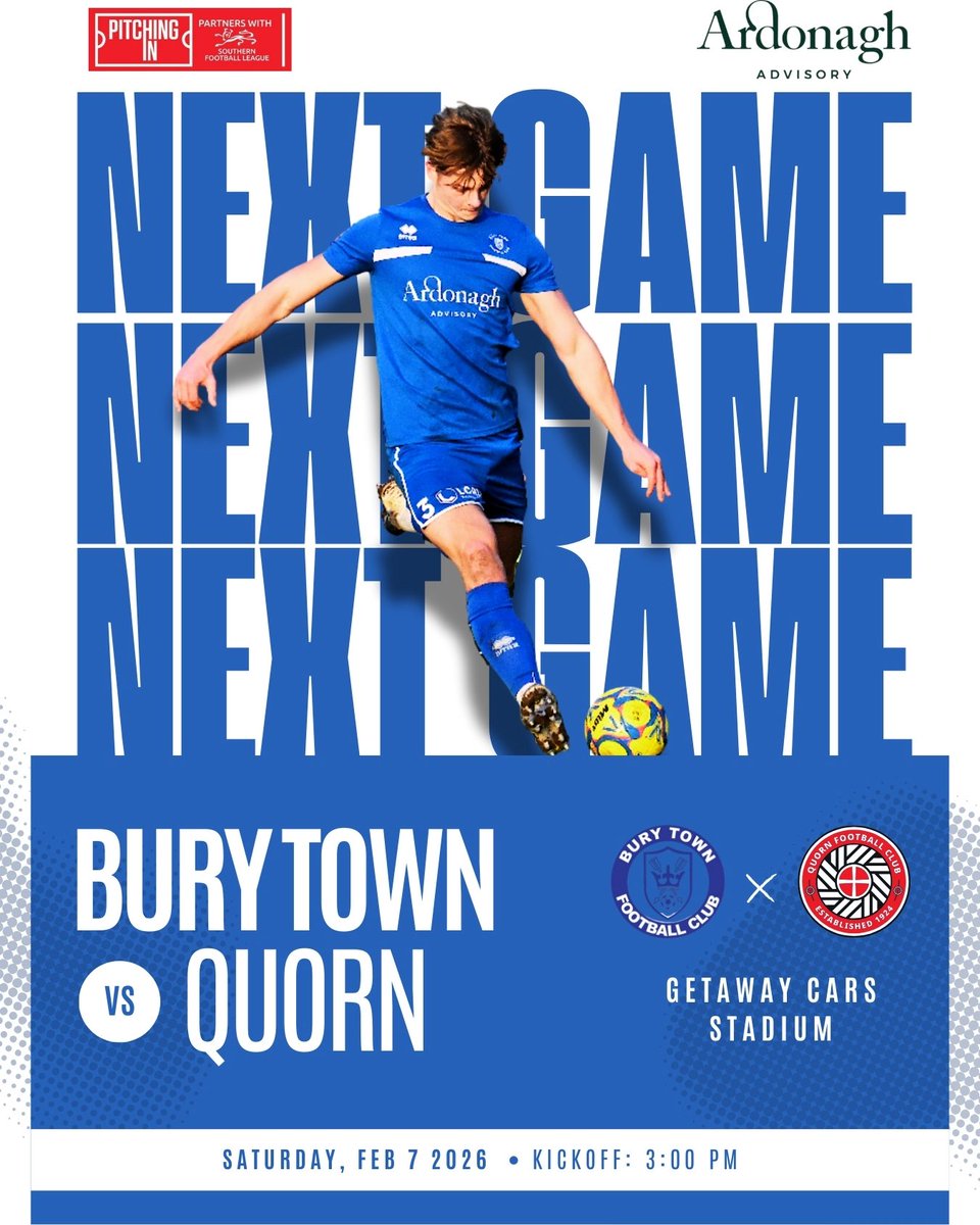 BuryTownFC's tweet photo. ⏭️ NEXT UP: @QuornAFC 

💙 #BuryTownFC https://t.co/R0MT2ndHNX
