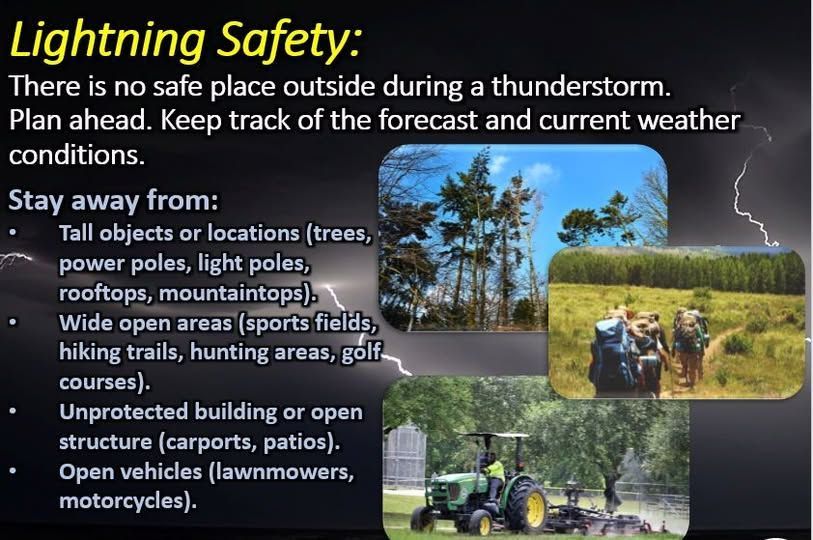 Lightning is a major cause of weather-related deaths in the U.S. Seek shelter immediately if you hear thunder and stay indoors until 30 minutes after it ends. If no shelter is available, avoid trees, open spaces, and water.