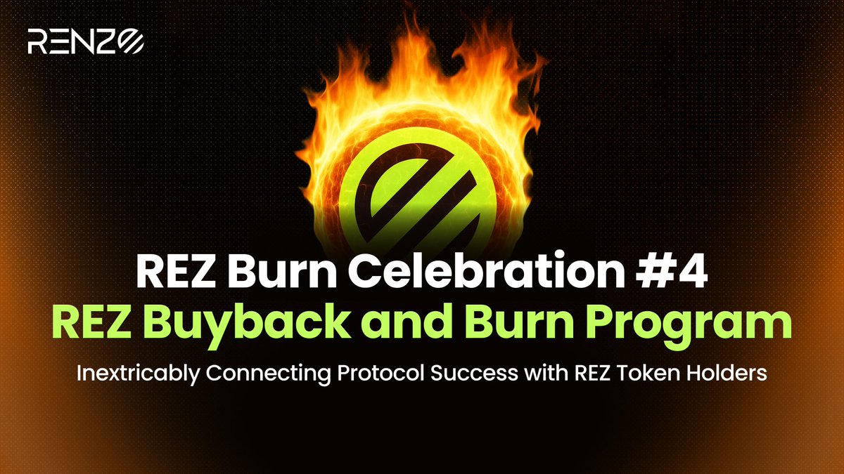 RenzoAI's tweet photo. 🔥 Today we celebrate Burn #4 in the Renzo Buyback and Burn Program. Read 🧵 for the details on how much was purchased from the open market, how much has been cumulatively burned, and how much $REZ was distributed to REZ stakers. https://t.co/2W1i4mQlCW