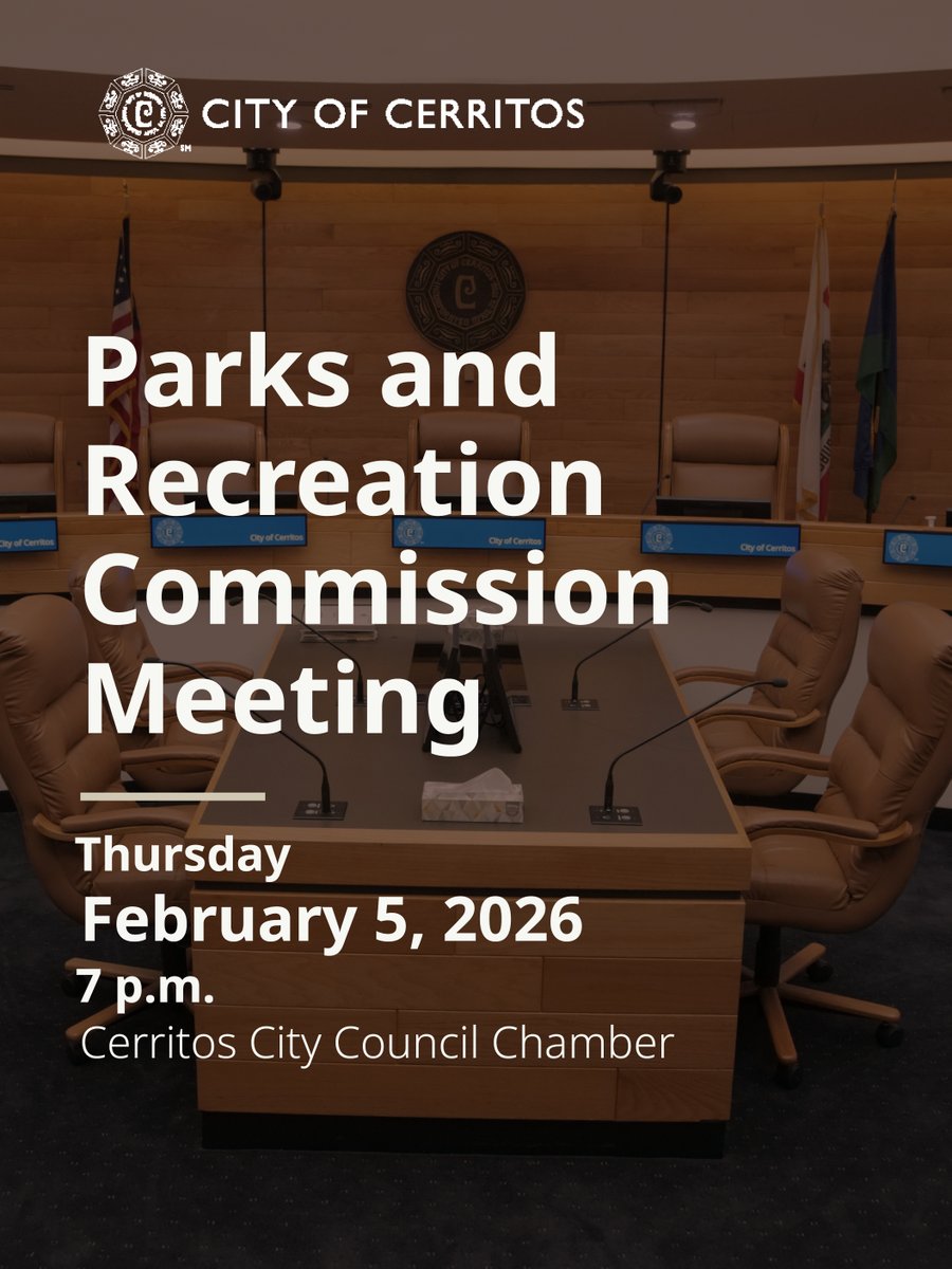Join the City of Cerritos at the Parks and Recreation Commission Meeting tonight at 7 p.m. in the Cerritos City Council Chamber.

Read the Agenda here: cerritos.granicus.com/GeneratedAgend…

Watch live on the City's YouTube channel at youtube.com/CityofCerritos.