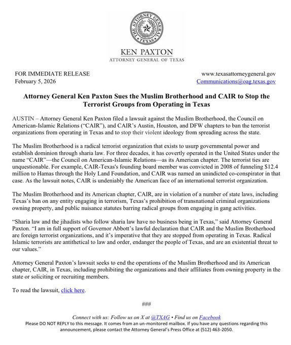 AmyMek's tweet image. 🚨 BREAKING: YOU ARE MAKING A DIFFERENCE! 

TEXAS STRIKES BACK AGAINST ISLAMIZATION! AG KEN PAXTON SUES TO BAN MUSLIM BROTHERHOOD &amp;amp; CAIR FROM TEXAS - NO OPERATIONS, NO PROPERTY, NO RECRUITING!

After Harris County DEFIED Abbott by fabricating “Muslim American Heritage Month” in…