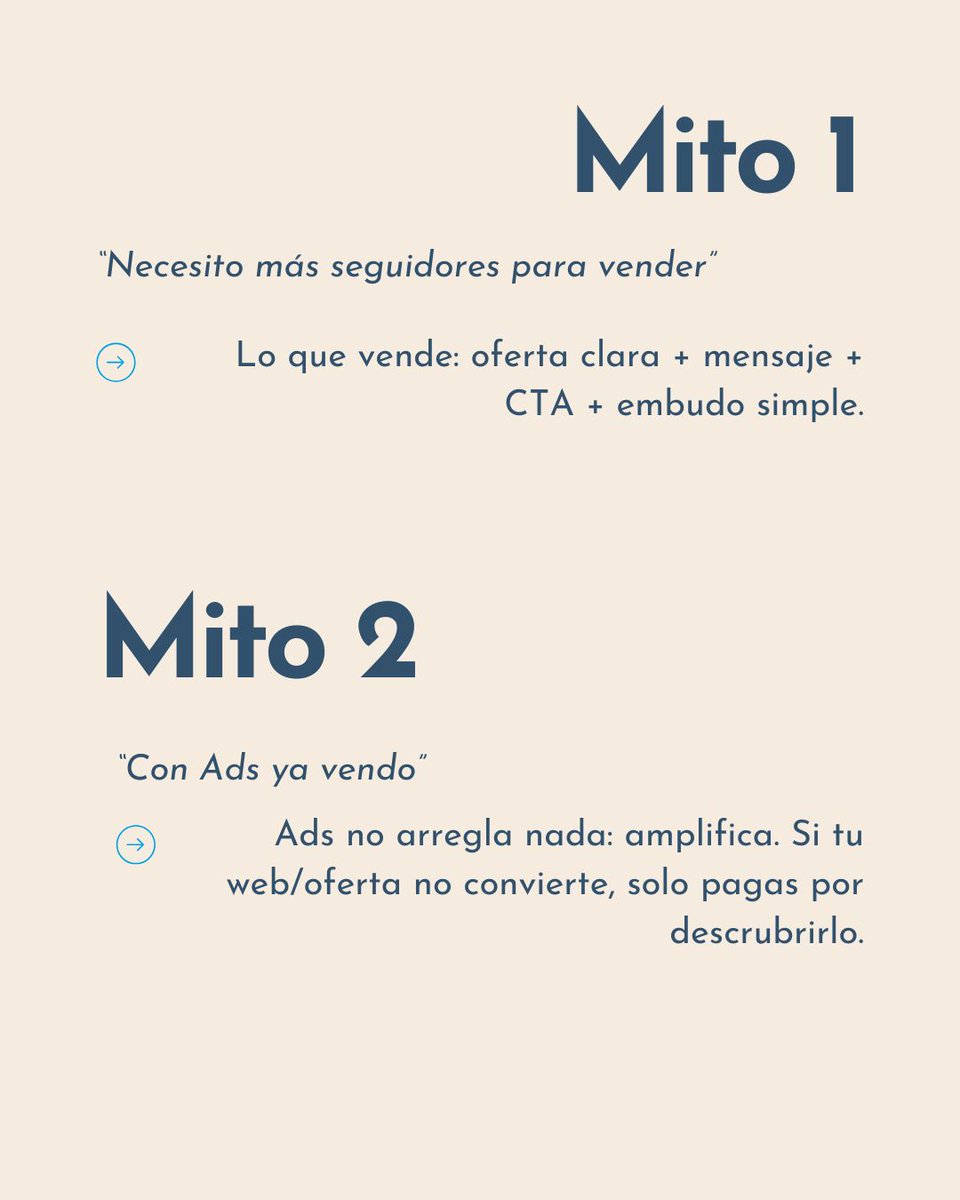 FreshRulesMKT's tweet photo. 4 mitos que te cuestan dinero 💸

- “Más seguidores” → oferta + CTA.
- “Ads = ventas” → amplifica fallos.
- “SEO no vale” → interés compuesto.
- “Para todos” → para nadie.

¿Cuál te frena? ? 👇 https://t.co/cASlRLf3np