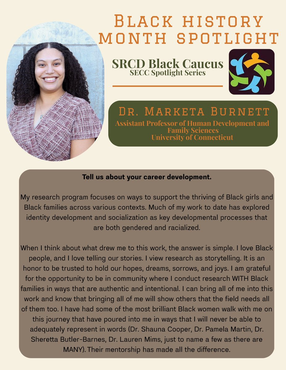 SRCDBlkCaucus's tweet photo. In honor of Black History Month, the Black Caucus is proud to launch our SECC Spotlight Series! 💫

Throughout February, we’re celebrating scholars who are shaping the future of developmental science.

First up: The brilliant Dr. Marketa Burnett (@DrMBurnett)! 👇 https://t.co/Mcz4N8lu8o