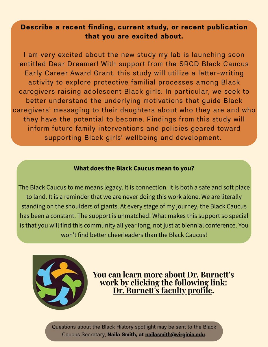 SRCDBlkCaucus's tweet photo. In honor of Black History Month, the Black Caucus is proud to launch our SECC Spotlight Series! 💫

Throughout February, we’re celebrating scholars who are shaping the future of developmental science.

First up: The brilliant Dr. Marketa Burnett (@DrMBurnett)! 👇 https://t.co/Mcz4N8lu8o