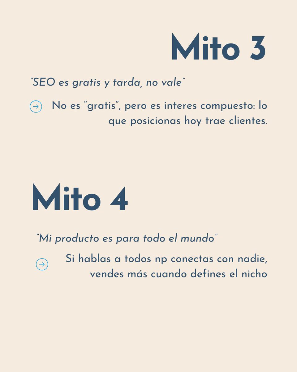 FreshRulesMKT's tweet photo. 4 mitos que te cuestan dinero 💸

- “Más seguidores” → oferta + CTA.
- “Ads = ventas” → amplifica fallos.
- “SEO no vale” → interés compuesto.
- “Para todos” → para nadie.

¿Cuál te frena? ? 👇 https://t.co/cASlRLf3np
