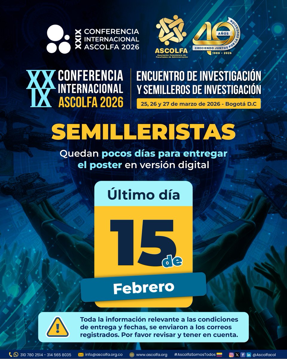 ¡Semilleristas que participarán en nuestra XXIX Conferencia Internacional ASCOLFA 2026!

⏰ Últimos días para entregar el póster digital
📅 Fecha límite: 15 de febrero de 2026
ℹ️ Info enviada a correos registrados
📩 conferenciainternacional@ascolfa.org.co

#AscolfaSomosTodos🇨🇴