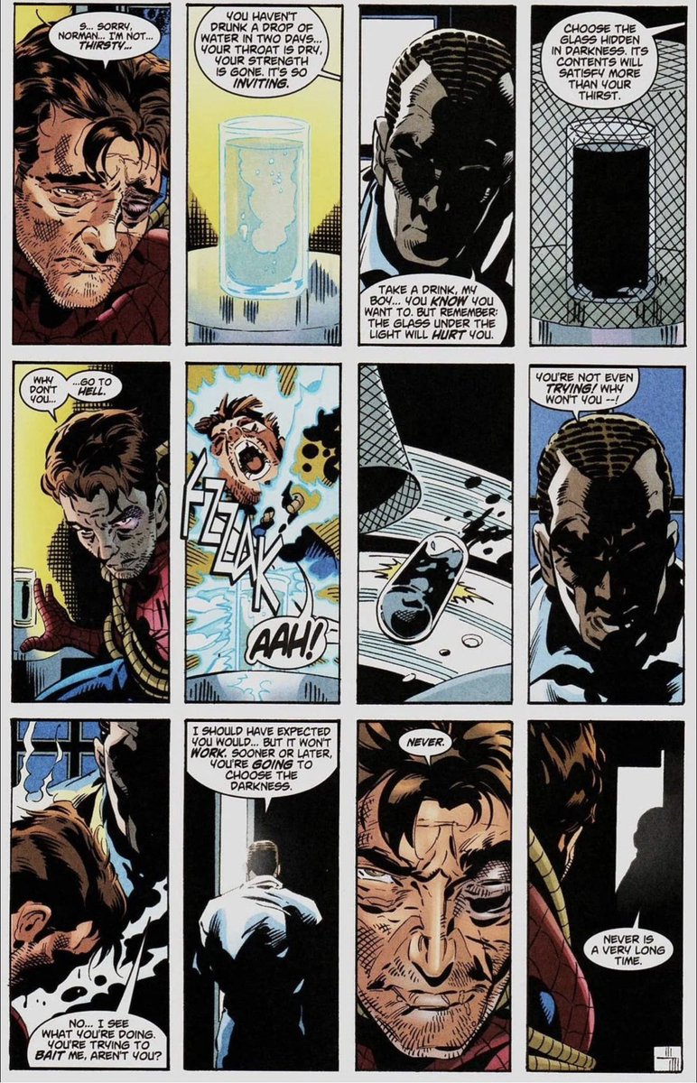 _Richval's tweet image. A lot of people bring up Gwen, Peter’s baby, Harry’s death and insanity and how he faked Aunt May’s death. Which are all valid reasons but I don’t think I’ve seen someone bring up the time he kidnapped, drugged and tortured Peter for like a month.