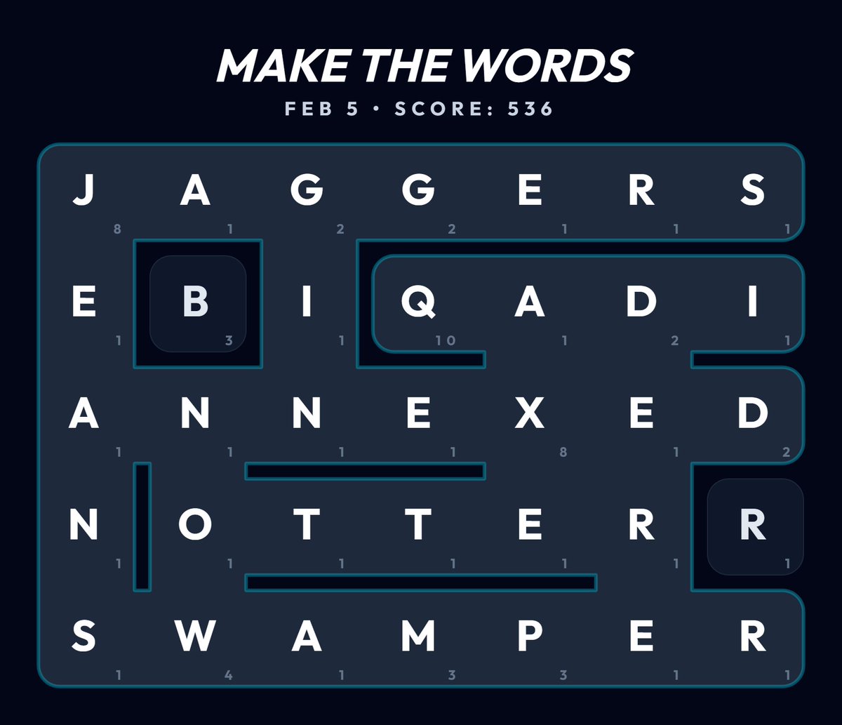 Make The Words • Feb 5
Score: 536
#MakeTheWords