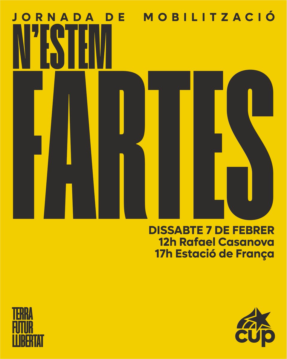 🚇 Aquest dissabte JORNADA DE LLUITA, JORNADA DE MOBILITZACIÓ. 

N ' E S T E M   F A R T E S

👉 Sortim al carrer per la defensa col·lectiva d'un servei ferroviari digne

Mobilitzacions a Barcelona 
🔸 12h Rafael Casanova 
🔸 17h Estació de França
