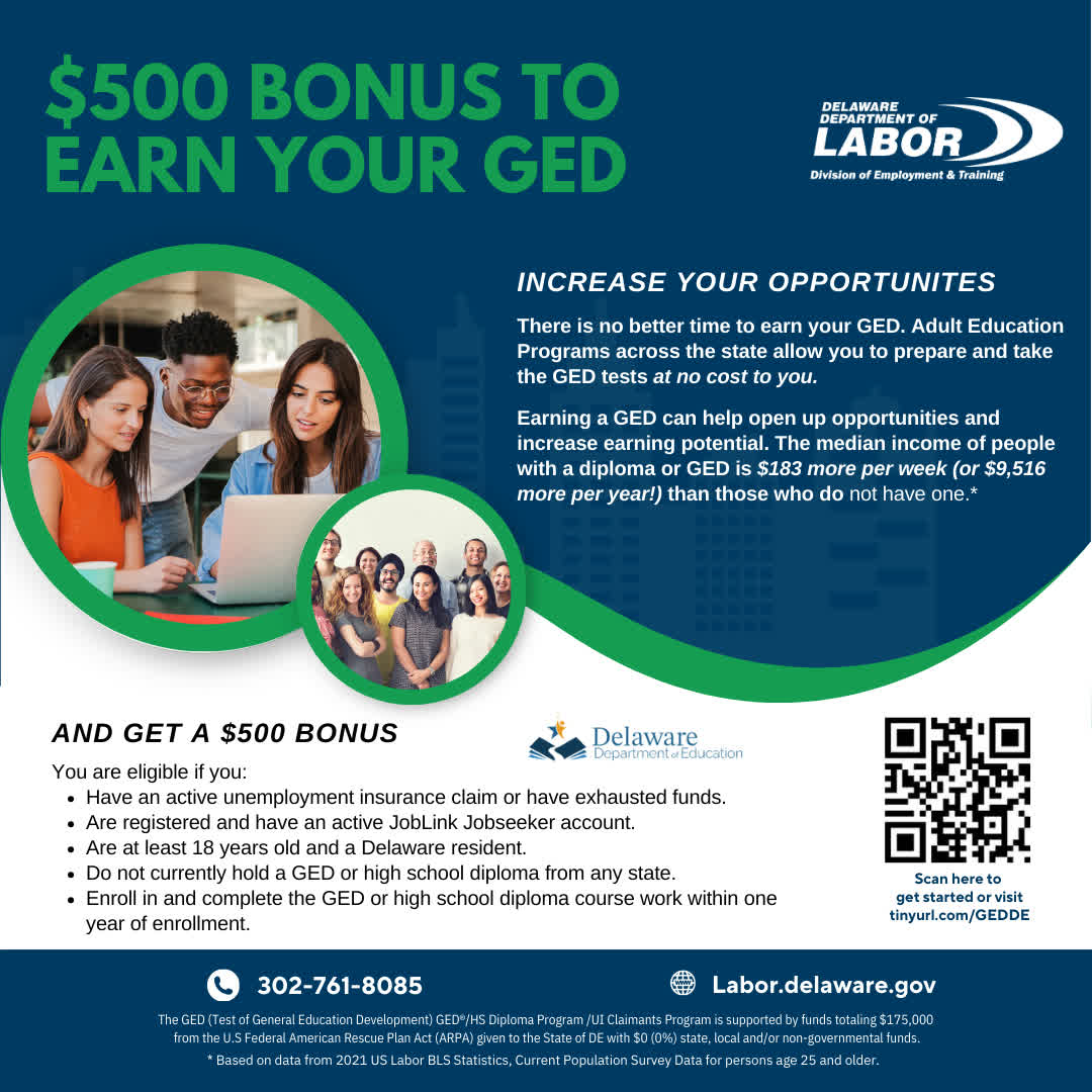 Are you ready to earn your GED? Now is the time and you could be eligible for a $500 bonus if you have an active unemployment claim or have exhausted funds. Scan the code below or go to tinyurl.com/GEDDE to learn more. #EarnYourGED