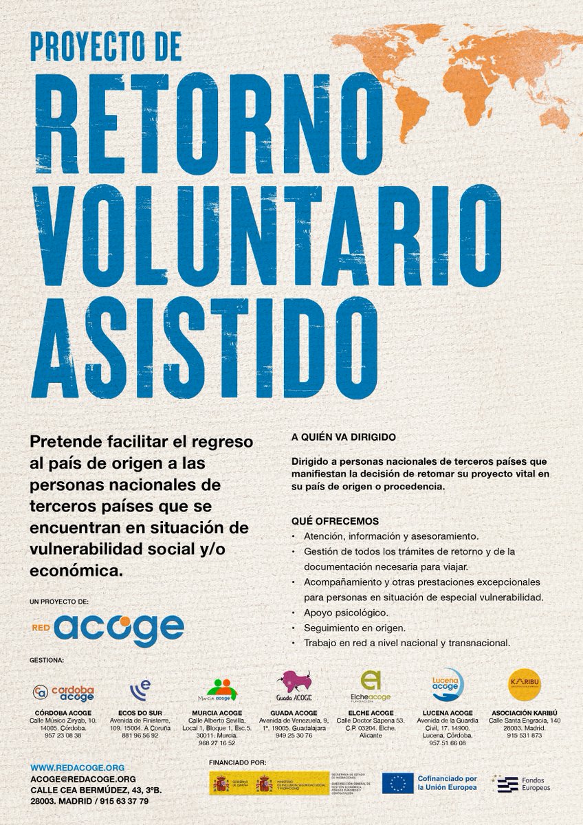 ✈️ Programa de Retorno Voluntario a mi país de origen

+info:

instagram.com/p/DUYklrEAlFK/… 

Este programa está financiado por el Ministerio de Inclusión, Seguridad Social y Migraciones y cofinanciado por la Unión Europea.

<a href="/REDACOGE/">Red Acoge</a> 
<a href="/inclusiongob/">Ministerio Inclusión Seguridad Social Migraciones</a>