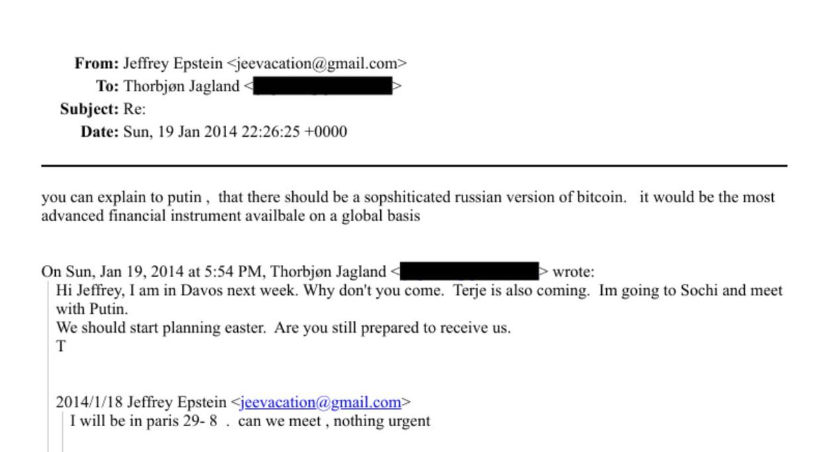 🔴 Epstein, Ocak 2014'te eski Norveç Başbakanı ve Avrupa Konseyi eski Genel Sekreteri Thorbjørn Jagland'a, Putin'e "Bitcoin'in gelişmiş bir Rus versiyonunu" sunması gerektiğini söyledi.

Jagland: Merhaba Jeffrey, gelecek hafta Davos'tayım. Neden gelmiyorsun? Terje de geliyor. Ben