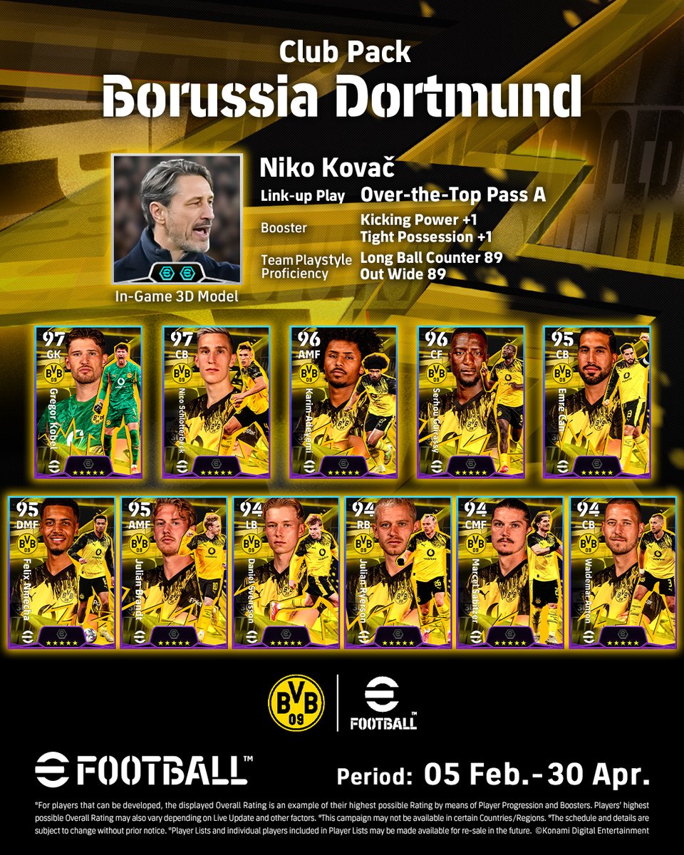 play_eFootball's tweet photo. Germany’s giants are here! 🟡⚫

Sign Borussia Dortmund’s star players and manager to your squad and bring Black &amp; Yellow power to the pitch 🔥

#eFootball https://t.co/7IZZDMt4Ov