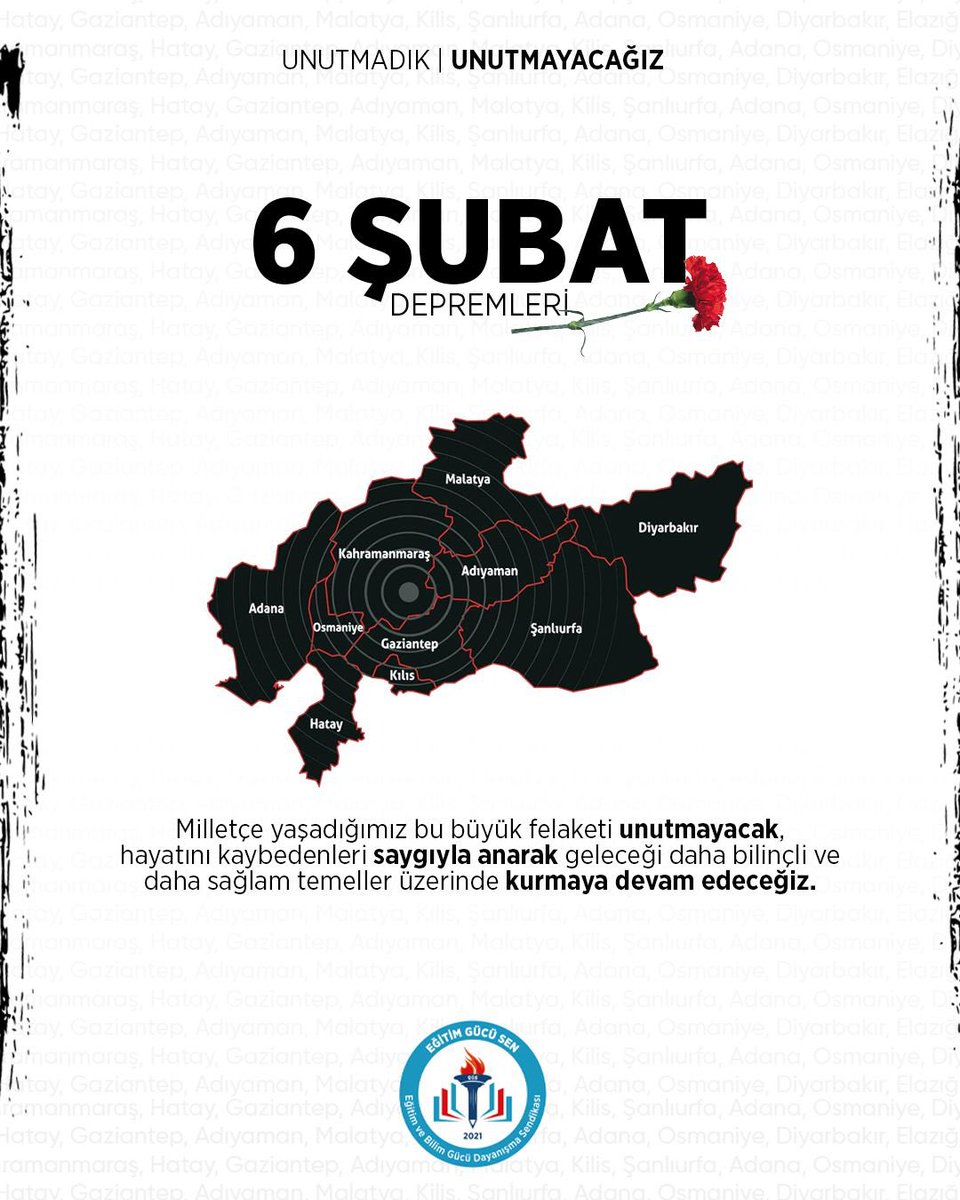 Unutmadık, unutmayacağız.
6 Şubat depremlerinde hayatını kaybeden vatandaşlarımızı saygı ve rahmetle anıyoruz.
Acılarımızı unutmadan, dersler çıkararak; daha bilinçli, daha güvenli ve daha sağlam bir geleceği hep birlikte kurma sorumluluğumuz var.
 #6Şubat #UnutmadıkUnutmayacağız