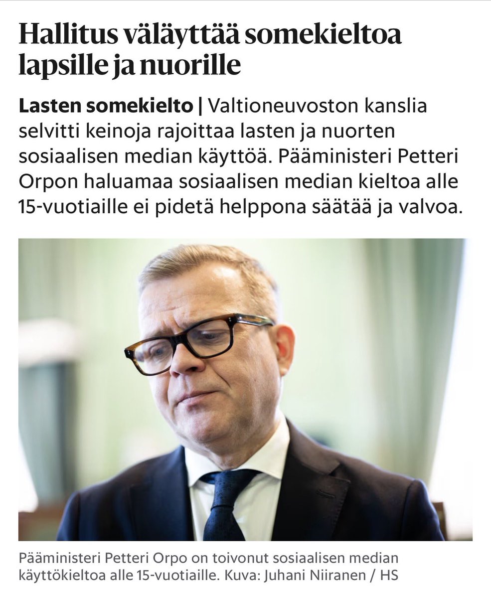 Orpo ajaa somekieltoa, koska somekielto on väline pakottaa käyttöön digi-ID ja alustasensuuri sekä murtaa yksityisyydensuoja ja kirjesalaisuus. ”Somekiellolla” ei ole mitään tekemistä lasten ja nuorten suojelun kanssa ja sitä on vastustettava viimeiseen asti.