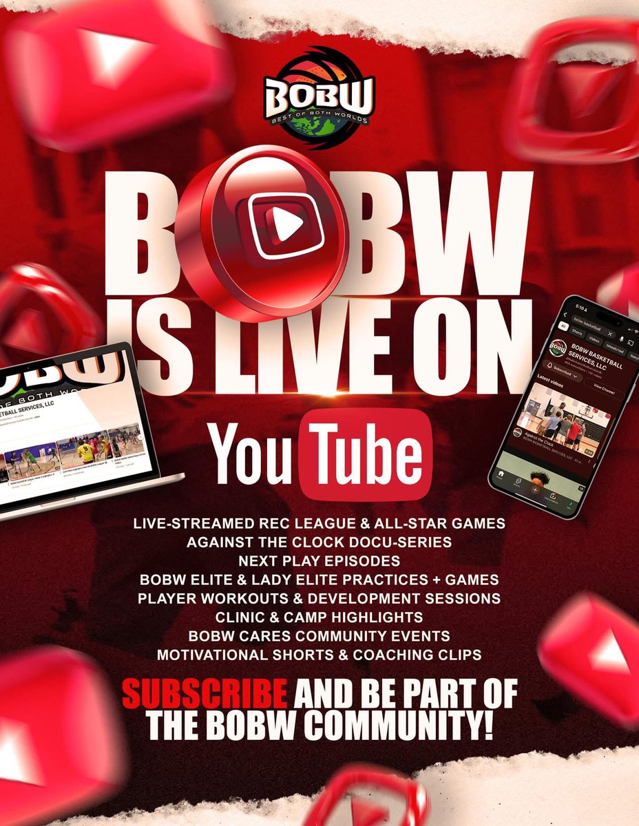 BOBW is LIVE on YouTube 📺🏀

Games, workouts, stories, and community.
Against the Clock. Next Play. Elite hoops.

More than basketball.
🔴 @BOBWBasketballServices 🤎