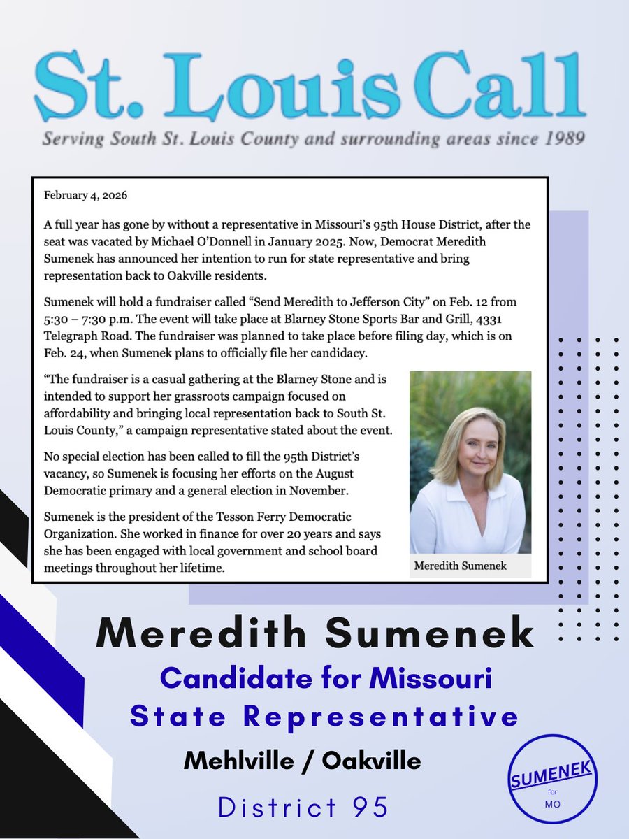 Sumenekformo's tweet photo. We’re starting to see movement around District 95, and it matters. Thank you to the St. Louis Call for covering the urgency of restoring real representation to Mehlville and Oakville. This is how change starts. https://t.co/tMief2mQsk