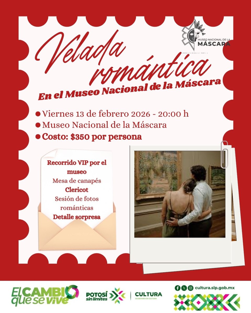 museo_mascara's tweet photo. Velada Romántica en el Museo Nacional de la Máscara 💚
Viernes 13 de febrero | 20:00 h
Noche especial en pareja con recorrido VIP, canapés, clericot, fotos románticas y sorpresa.
Costo: $350 por persona. ✨
#VeladaRomántica #MuseoNacionalDeLaMáscara #SanValentín #Cultura https://t.co/8IwhjQFMgb