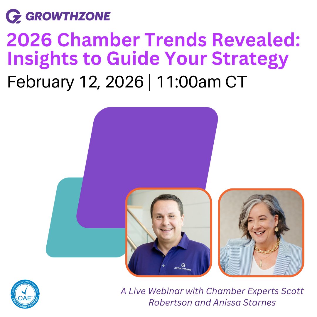 What’s shaping chambers in 2026? 📈
Join GrowthZone for a data-driven webinar on February 12, 2026 | 11:00am CT revealing key trends, challenges, and opportunities from our 12th Annual Chamber Survey.
hubs.ly/Q041Wx7d0
#ChamberTrends #MembershipGrowth #GrowthZone